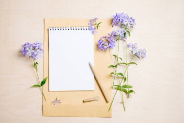 Yaz modelleme sahnesi. Boş defter, tahta zemin üzerinde kalem ve mavi çiçekler düz konum, üst görünüm, boşluğu kopyala.