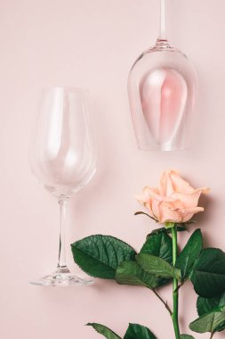 Gül şarabı ve pastel gül, üst manzara. Şarap tatma konsepti.