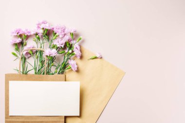 Kese kağıdındaki pembe karanfil çiçekleri, kart maketleri, uzay kopyaları..