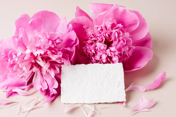 Pink peony flowers, handmade paper card, mockup, close-up.