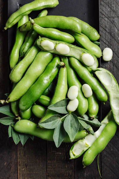 Fresh green fava beans in pods on a tray.