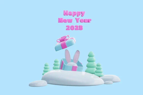Weergave Gelukkig Nieuwjaar 2023 Konijnenoren Steken Uit Geschenkdoos — Stockfoto