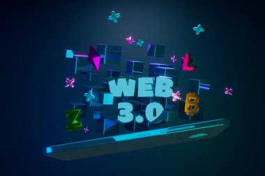 3 boyutlu görüntüleme. Web 3.0 konsepti. Telefondan blok zinciri küpleri ve şifreli işaretler uçuyor.