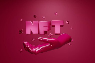 Viva Magenta 'nın elinde Metaverse' in NFT yazıtları var. 3d hazırlayıcı