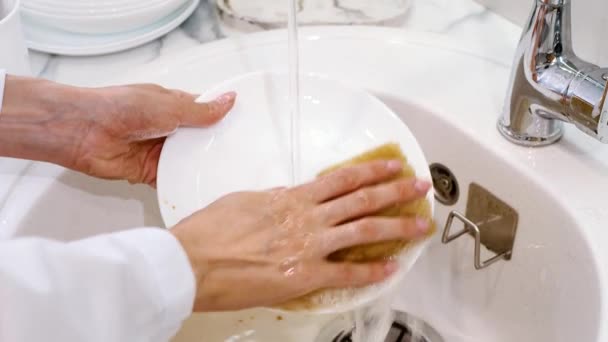 Washing Dishes White Plate Washed Kitchen Sink Household Chores — Stock Video