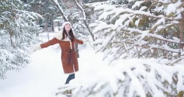 Young Girl Winter Woods Walks Snow Spins Overall Plan — Stock Video