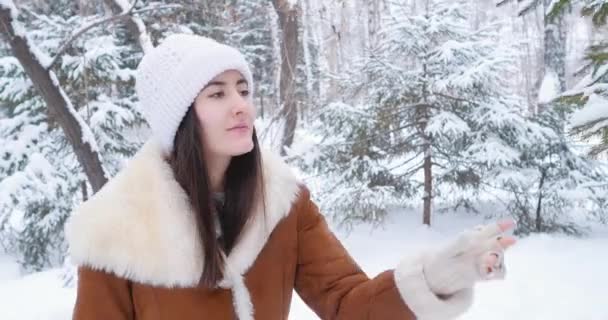 Genç Kız Kış Ormanına Gider Bir Noel Ağacının Dallarına Bak — Stok video