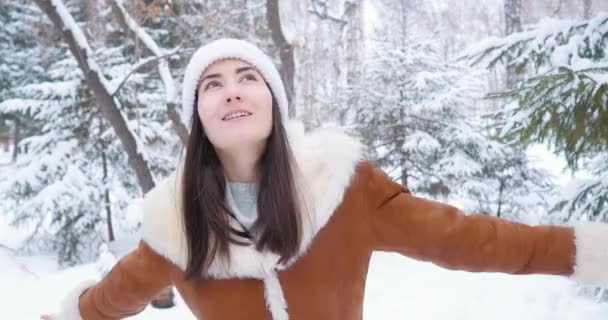 Young Girl Winter Woods Walks Snow Spins Close — Stock Video