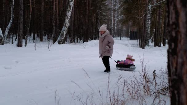 Активный Образ Жизни Зимой Лесу Бежит Женщина Трубками Ребенком — стоковое видео