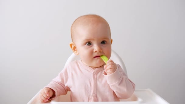 那孩子正在吃一片黄瓜 婴儿的补充营养 — 图库视频影像