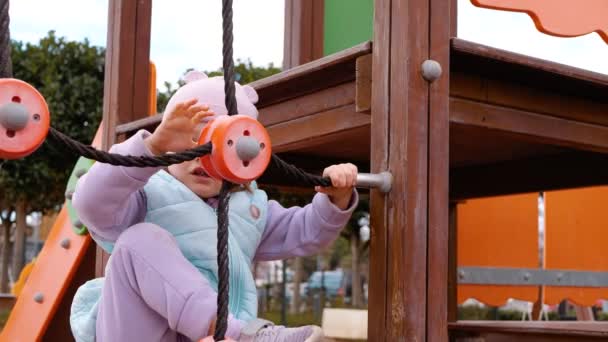 Criança Feliz Parque Infantil Escalada Torno Estrutura — Vídeo de Stock