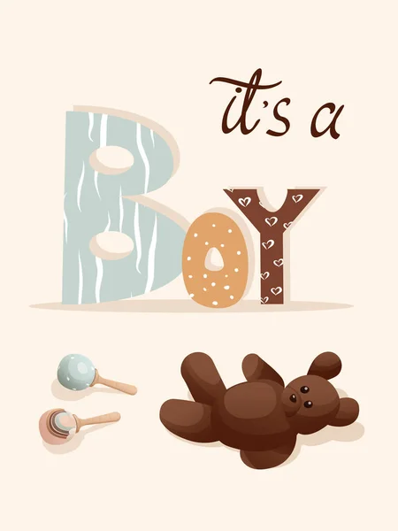 Ist Eine Geburtstagskarte Für Jungen Mit Holzspielzeug Niedlichem Teddybär Illustration — Stockvektor