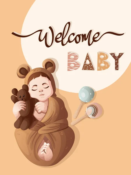 Willkommenskarte Neugeboren Mit Teddybär Und Holzspielzeug Pastelltönen Vektorillustration — Stockvektor