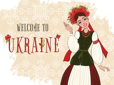 Ukrayna bayrağına hoş geldiniz Ukraynalı kadın ulusal kostüm ve nakış işliyor. Kartpostal, web afişi, web sayfası, yazdırma materyalleri için vektör illüstrasyonu.
