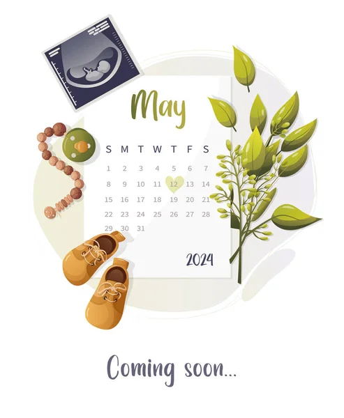 Baby Komt Realistische Kalender Met Positieve Zwangerschapstest Echografie Verse Boom — Stockvector