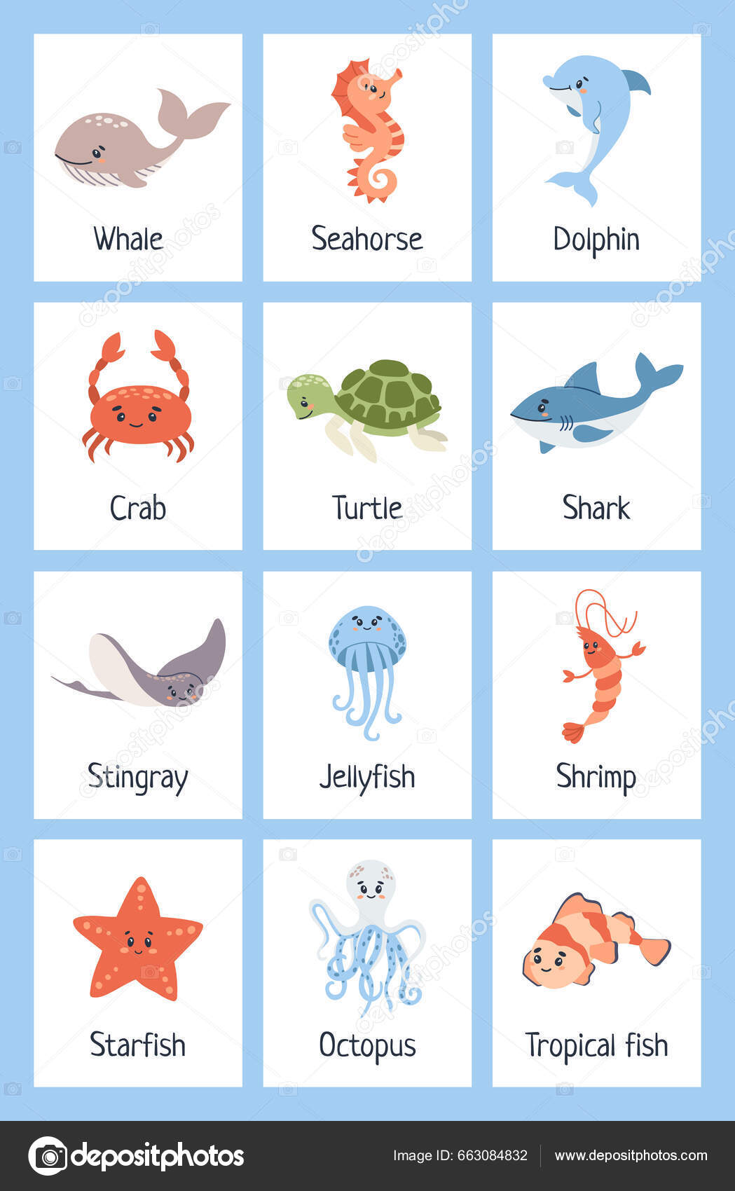 Para practicar vocabulario: animales marinos.  Memorama de animales,  Nombres de animales marinos, Animales acuáticos