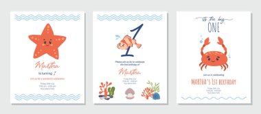 Deniz hayvanlarının doğum günü davetiyesinin altında. Denizci bebek partisi daveti. Matbaacı kız davetiyesi. Kırmızı ve mavi renkler. Okyanus temalı doğum günü partisi şablonu. Vektör illüstrasyonu