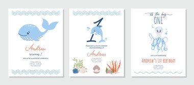 Deniz hayvanlarının doğum günü davetiyesinin altında. Denizci bebek partisi daveti. Basılabilir erkek bebek davetiyesi. Kırmızı ve mavi renkler. Okyanus temalı doğum günü partisi şablonu. Vektör illüstrasyonu