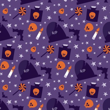 Cadılar Bayramı 'nda koyu mavi arka planda kafatası şekerlemeleri olan kusursuz bir şekil. Ambalaj kağıdı, kumaş, tekstil, albüm için tatil arkaplanı. Vektör illüstrasyonu