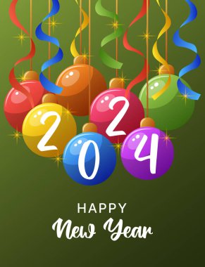 Mutlu yıllar 2024 için Noel topları içeren kart tasarımı. Noel topları, yılan. Poster, afiş, kart, kartpostal ve kapak için vektör çizimi. Vektör illüstrasyonu