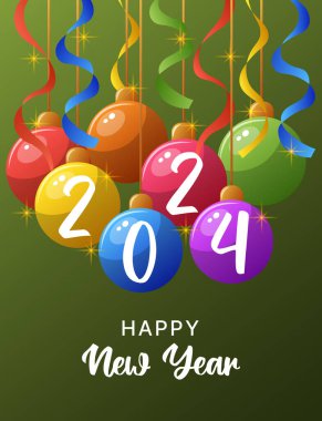 Card design with Christmas balls for Happy New Year 2024. Christmas balls, serpentine. Vector illustration for poster, banner, card, postcard, cover. Vector illustration clipart