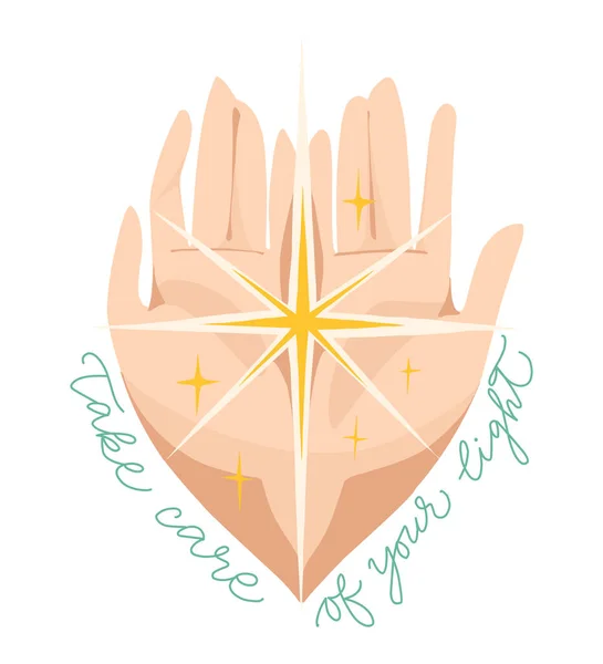 Hands holding light, mental health care concept. Mental health day concept. Self care and self healing process. Palms of adult that holds a star. Symbol of hope, recovery, belief. Vector illustration.