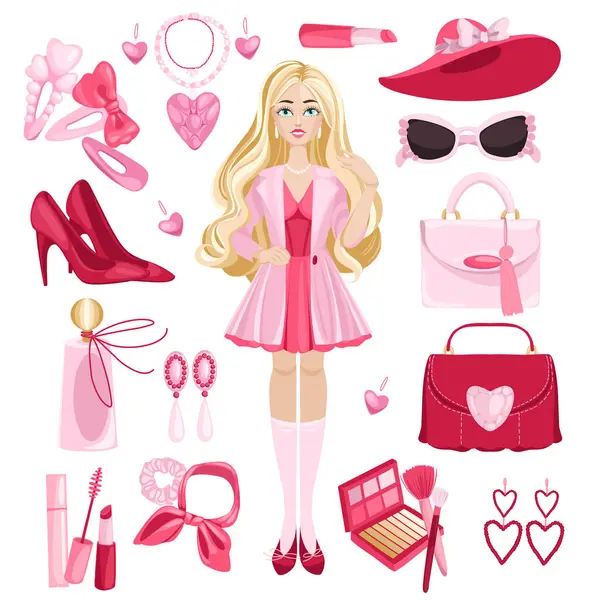 Pink Barbiecore set. Pink trendy set, pink doll aesthetic accessories and clothing. High-heels, bags, earrings, glasses, hair accessories. Hand drawn set. Vector illustration