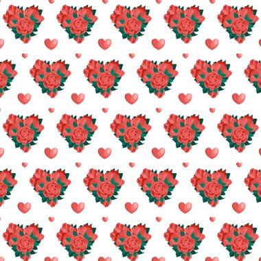 Sevgililer Günü 'nde kırmızı gül buketleri ve kalpleri olan kusursuz bir desen. Beyaz ve kırmızı arkaplan soyut geometrik desen. Sevgililer Günü ambalaj kağıdı, el ilanları ve baskı kağıdı konsepti. Vektör