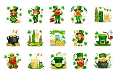 Aziz Patrick Günü temalı vektör çizimleri seti. Renkli, çizgi film tarzı, el çizimi elementler beyaz arka planda izole edilmiş. Leprikon, yonca, yeşil şapka, altın çanak. Vektör.
