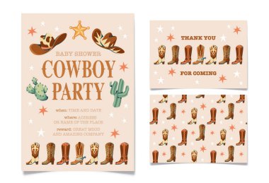 Wild west Birthday party invitation design template. Western poster concept for invitations, greeting cards. Cartoon wild west vector illustration in flat style with cowboy boots, hat, sheriff star. clipart