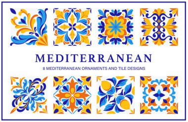 Akdeniz süsleri ve fayanslarından oluşan bir set. İspanyol, Portekiz İtalyan Mavisi ve Sarı Fayanslar. Vektör illüstrasyonu. 