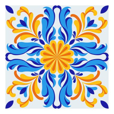 İtalyan seramik seramik tasarımı. Akdeniz porselen çömleği. Etnik halk süsleri. Meksika Talavera, Portekiz Azulejo, İspanyol majolikası, arabesk motifi. Vektör illüstrasyonu