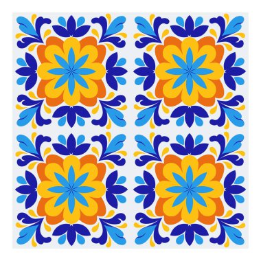 İtalyan seramik seramik tasarımı. Akdeniz porselen çömleği. Etnik halk süsleri. Meksika Talavera, Portekiz Azulejo, İspanyol majolikası, arabesk motifi. Vektör illüstrasyonu