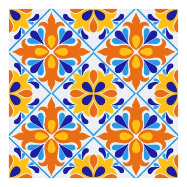 İtalyan seramik seramik tasarımı. Akdeniz porselen çömleği. Etnik halk süsleri. Meksika Talavera, Portekiz Azulejo, İspanyol majolikası, arabesk motifi. Vektör illüstrasyonu
