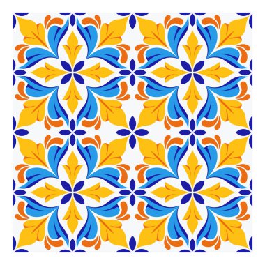 İtalyan seramik seramik tasarımı. Akdeniz porselen çömleği. Etnik halk süsleri. Meksika Talavera, Portekiz Azulejo, İspanyol majolikası, arabesk motifi. Vektör illüstrasyonu