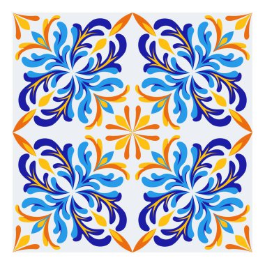 İtalyan seramik seramik tasarımı. Akdeniz porselen çömleği. Etnik halk süsleri. Meksika Talavera, Portekiz Azulejo, İspanyol majolikası, arabesk motifi. Vektör illüstrasyonu