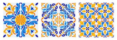 İtalyan seramik seramik deseni. Akdeniz porselen çömleği. Etnik halk süsleri. Meksika Talavera, Portekiz Azulejo, İspanyol majolikası, arabesk motifi. Vektör illüstrasyonu