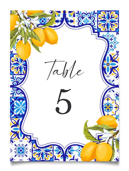 stock vector Blue tiles and lemon wedding table card. Mediterranean bridal shower citrus decor. Amalfi coast table number card printable template. Themed Amalfi coast party decoration. Vector illustration.