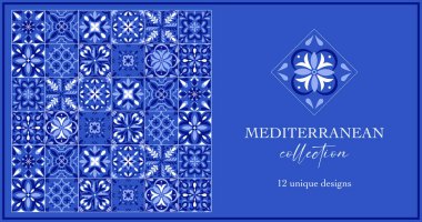 İtalyan seramik mavi ve beyaz fayans deseni. Akdeniz porselen çömleği. Etnik halk süsleri. Meksika Talavera, Portekiz Azulejo, İspanyol majolikası, arabesk motifi. Vektör illüstrasyonu