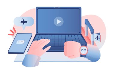 Havaalanı terminalinde dizüstü bilgisayarla çalışmak ya da uçakta business class 'ta çalışmak. İş adamı uçuştan önce saatini kontrol ediyor, seyahat ederken e-posta alıyor. Vektör illüstrasyonu.