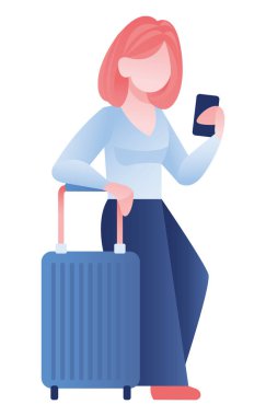 Havaalanında elinde bavul ve cep telefonu olan bir kadın uçağı bekliyor. Seyahat, tatil, turist, terminal. Çizgi film düz vektör çizimi beyaz arkaplanda izole edildi.