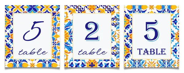 stock vector Set of blue and yellow tiles wedding table cards. Mediterranean bridal shower decor. Amalfi coast table number card printable template. Themed Amalfi coast party decoration. Vector illustration.