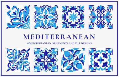 Akdeniz süsleri ve fayanslarından oluşan bir set. İspanyol, Portekiz, İtalyan mavisi ve beyaz fayanslar. Vektör illüstrasyonu. 