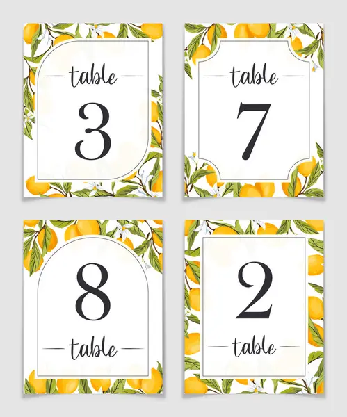 stock vector Set of Lemons wedding table Number cards. Mediterranean bridal shower decor. Amalfi coast table number card printable template. Tuscan themed beach party decoration. Vector illustration.