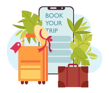 Rezervasyon için mobil başvuru. Telefon, bavul, bavul, güneş şapkası ve tropik palmiye yaprakları. Seyahat acentesine ve tatil planlama konseptine çok uygun. Vektör İllüstrasyonu.