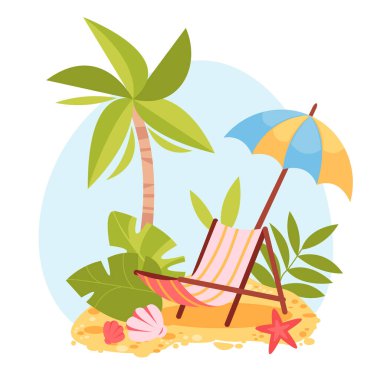 Tropik Plaj Sandalyesi Yaz Tatili Sahnesi Çizgi Filmi. Seascape 'den Chaise Lounge ya da Deck Chair, Palm Tree ve Şemsiye. Tropik yapraklar, deniz kabukları, kum ve deniz yıldızı. Vektör İllüstrasyonu. 