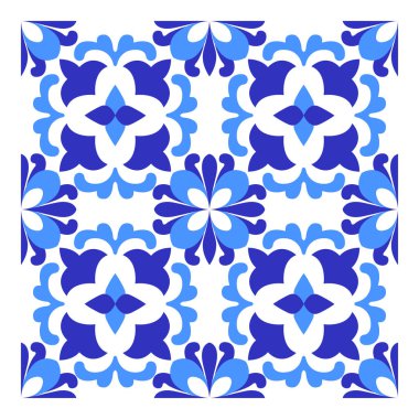 İtalyan seramik mavi ve beyaz fayans tasarımı. Akdeniz porselen çömleği. Etnik halk süsleri. Meksika Talavera, Portekiz Azulejo, İspanyol majolikası, arabesk motifi. Vektör illüstrasyonu