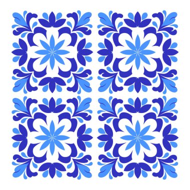 İtalyan seramik mavi ve beyaz fayans tasarımı. Akdeniz porselen çömleği. Etnik halk süsleri. Meksika Talavera, Portekiz Azulejo, İspanyol majolikası, arabesk motifi. Vektör illüstrasyonu