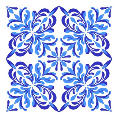 İtalyan seramik mavi ve beyaz fayans tasarımı. Akdeniz porselen çömleği. Etnik halk süsleri. Meksika Talavera, Portekiz Azulejo, İspanyol majolikası, arabesk motifi. Vektör illüstrasyonu