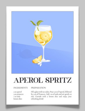 Klasik Aperol Spritz kokteyl tarifi posteri. Basılabilir duvar sanat kartı. Malzeme listesi ve hazırlık talimatları. Bar menüleri, mutfak dekorasyonu ya da kokteyl rehberleri için mükemmel. Vektör illüstrasyonu.